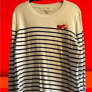 J.Crew Teddie sweater in blue and white stripe with hearts.